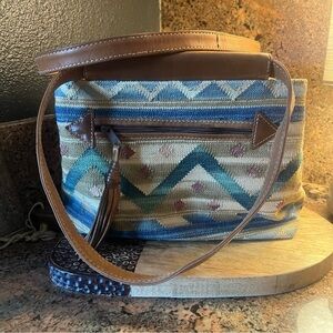 Kilim Woven Wool Carpet Bag Leather Accents India Boho Western Southwestern